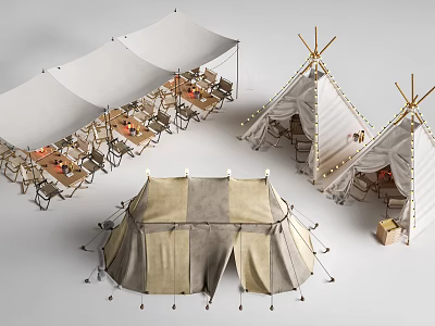 Modern Canvas Tents With Teepee Structures String Lights And Outdoor Furniture 3d model