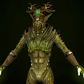 Mythical Antlered Forest Guardian Creature With Bark Textured Body And Green Glowing Hands