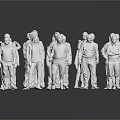 Group of White Human Figures in Various Poses with Gray Background and Floor Reflections
