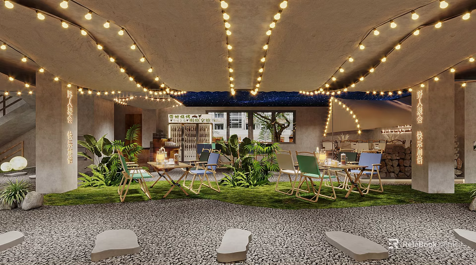 Outdoor Restaurant With String Lights Green Plants Gravel Floor And Wooden Tables Chairs 3d model 