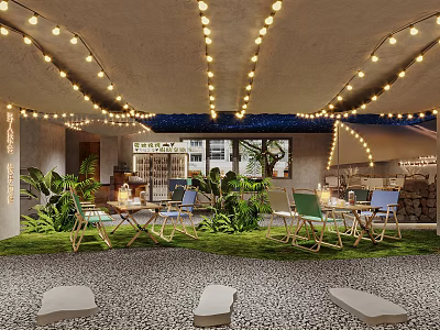 Outdoor Restaurant With String Lights Green Plants Gravel Floor And Wooden Tables Chairs 3d model