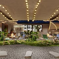 Outdoor Restaurant With String Lights Green Plants Gravel Floor And Wooden Tables Chairs