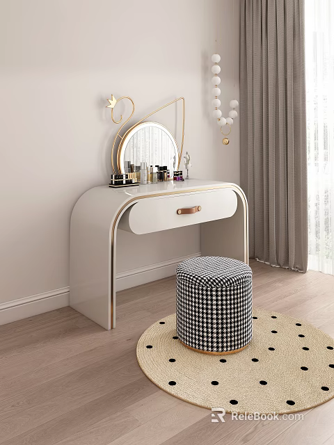 White Modern Dressing Table with Round Mirror Cosmetics Black White Check Stool on Dot Rug 3d model 