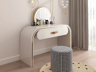 White Modern Dressing Table with Round Mirror Cosmetics Black White Check Stool on Dot Rug 3d model