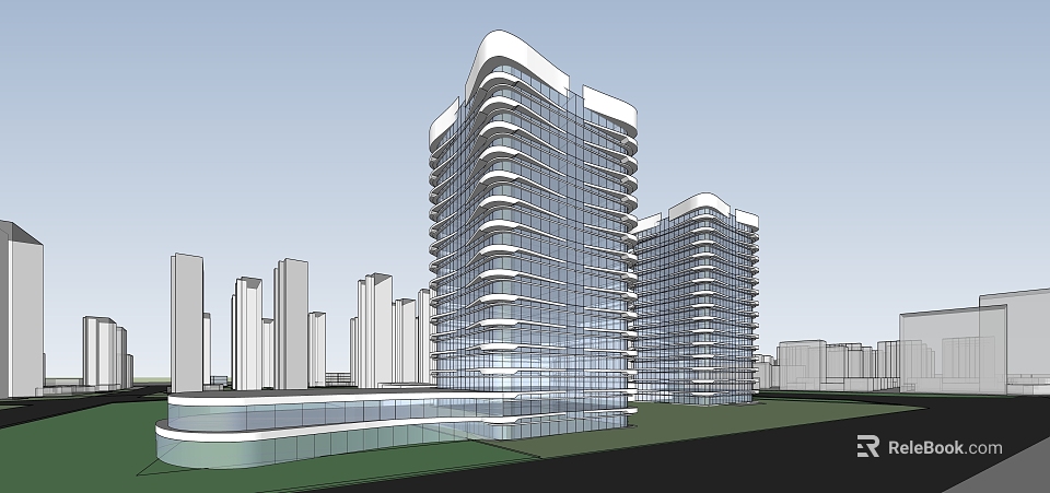 Modern High Rise Office Building With Curved Glass Facade And Urban Landscaped Areas 3d model 