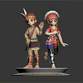 Traditional Costume Figures On Round Base With Headwear And THE CANNON