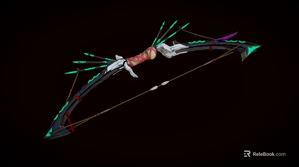 Fantasy Weapon Bow Featuring Green Glowing Accents Red Grip Silver Parts And Decorative Arrows 3d model 