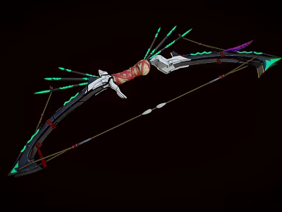 Fantasy Weapon Bow Featuring Green Glowing Accents Red Grip Silver Parts And Decorative Arrows 3d model