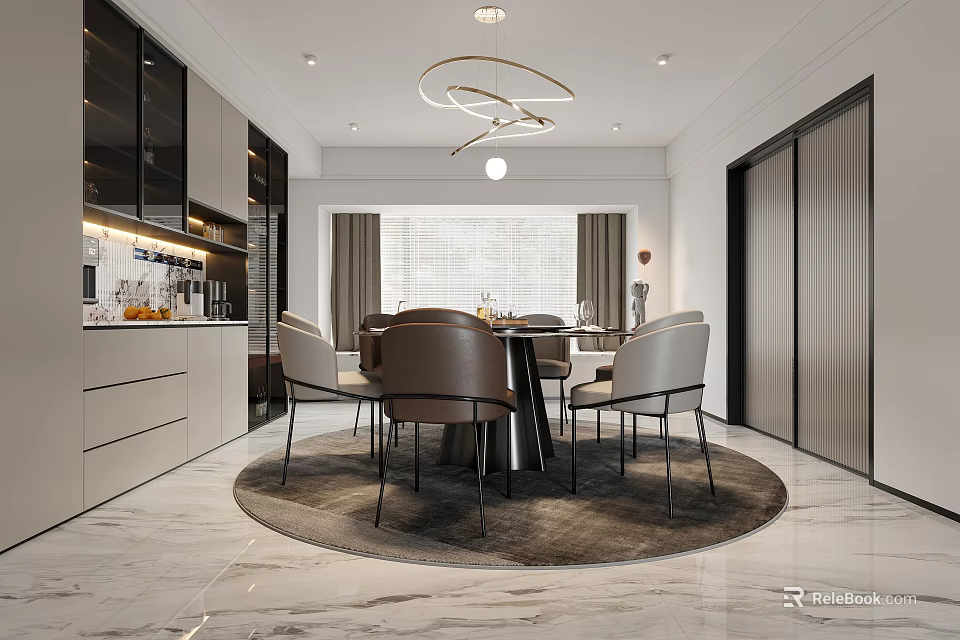 Modern Restaurant Interior With Round Dining Table Chandelier And Marble Floor 3d model
