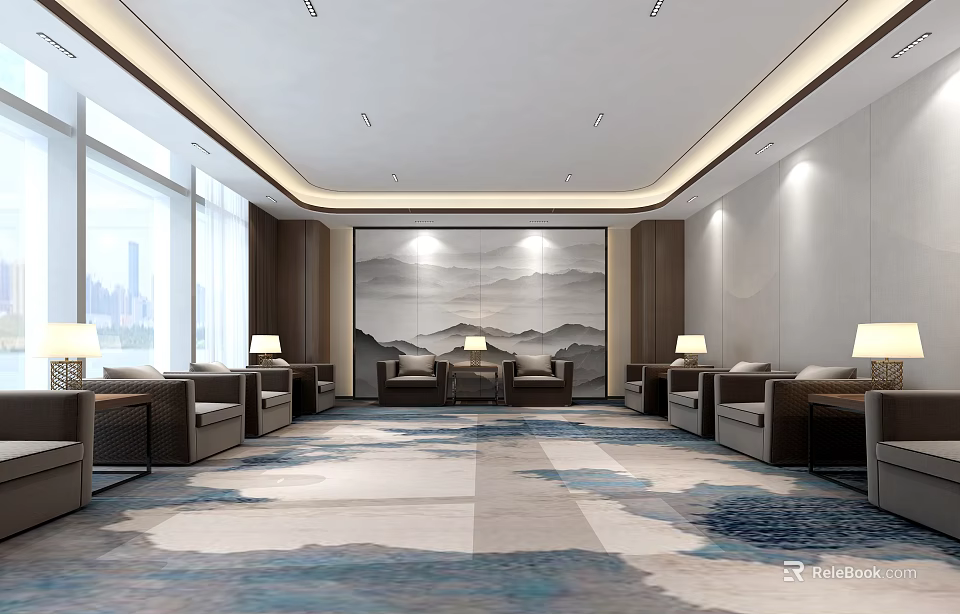 Hotel Public Lounge With Comfortable Sofas Coffee Tables Large Windows And Decorative Wall 3d model