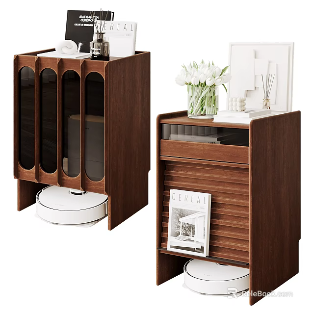 Modern Wooden Nightstands With Glass Door Cabinets Drawers And Decorative Vase Lamp 3d model 