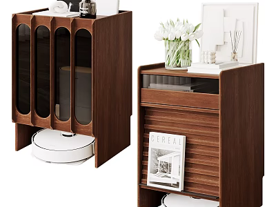 Modern Wooden Nightstands With Glass Door Cabinets Drawers And Decorative Vase Lamp 3d model