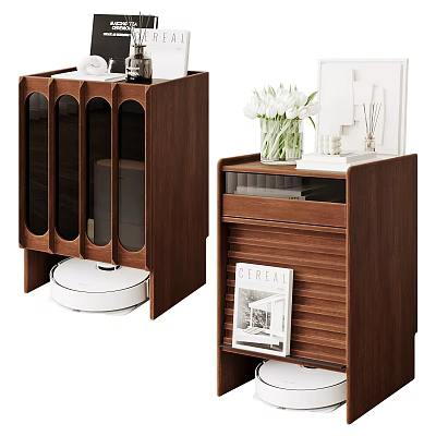 Modern Wooden Nightstands With Glass Door Cabinets Drawers And Decorative Vase Lamp 3d model
