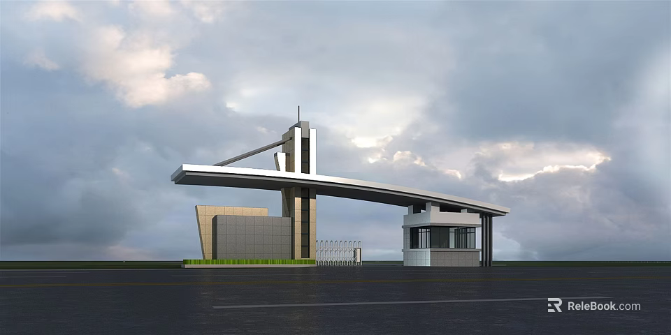 Modern Entrance Gate Architectural Design With Metal Gate Guardhouse And Cloudy Sky Backdrop 3d model 