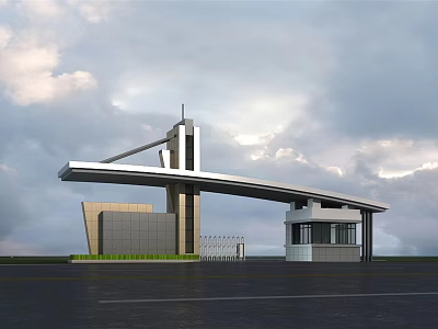 Modern Entrance Gate Architectural Design With Metal Gate Guardhouse And Cloudy Sky Backdrop 3d model