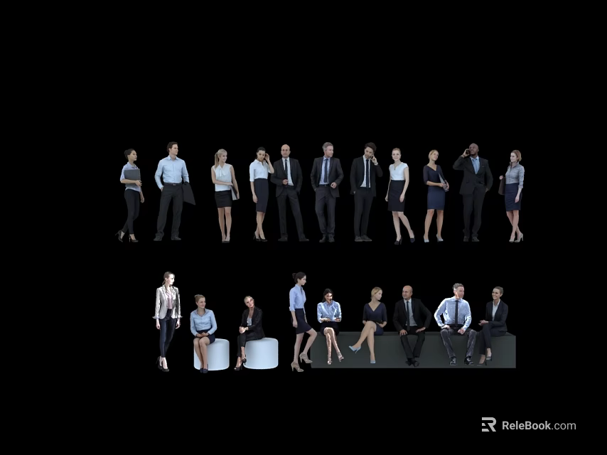 Group of Business Professionals Standing and Seated in Formal Attire 3d model 