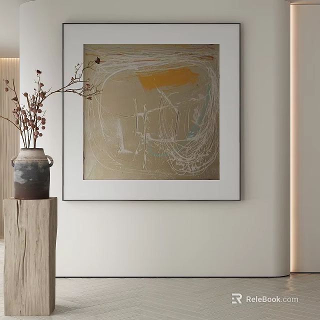 Abstract Painting in Modern Interior With Wooden Pedestal and Dried Flower Vase 3d model 
