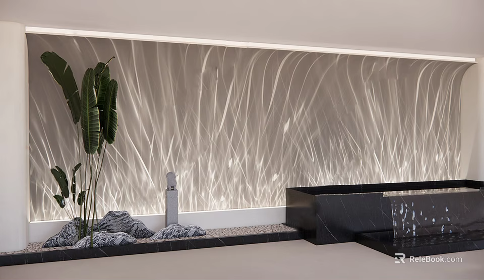 Modern Interior Wall Washer Light Illuminating Textured Wall With Green Plant And Stones 3d model 