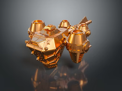 Golden Sci Fi Mechanical 3D Model With Intricate Details Metallic Finish And Multiple Cylindrical Components 3d model
