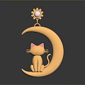 Golden Moon Shaped Decorative Accessory With Cat Figure And Sun Pendant