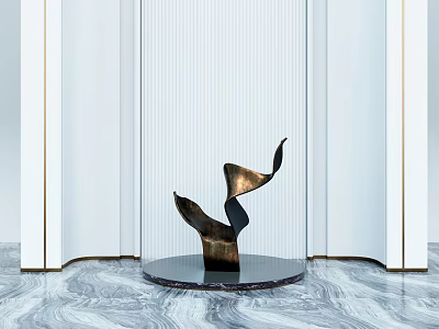 Abstract Metal Sculpture with Curved Forms on Black Circular Base against White Vertical Striped Screen 3d model