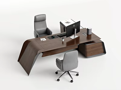 Modern Wooden Office Desk With Computer Monitor Keyboard File Organizer And Ergonomic Chairs 3d model