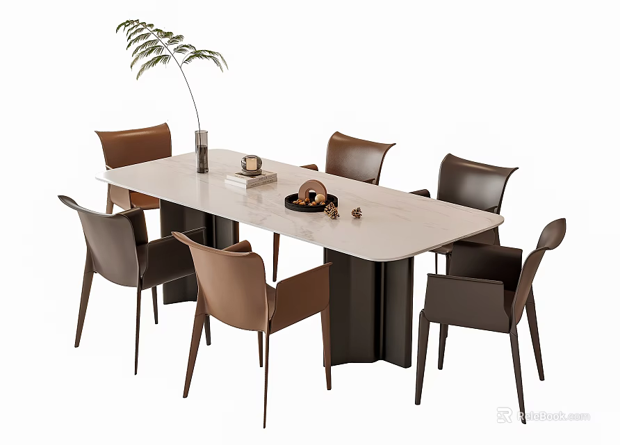Modern Rectangular Dining Table Set With Six Chairs Decorative Vase And Plants 3d model