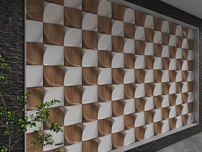 Modern Checkerboard Background Wall With Wooden And White Panel Design Elements 3d model