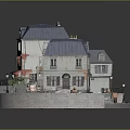 Cartoon Town Scene With Blue Roof Buildings Storefronts Fountain Benches And Autumn Trees