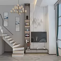 Elegant New Chinese Style Living And Dining Room With Loft Staircase And Exquisite Decor