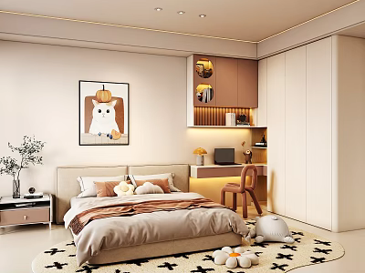 Kids Room Interior With Cozy Bed Cartoon Dog Painting Desk Chair Wardrobe And Star Rug 3d model