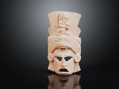 Ancient Carved Wooden Mask With Intricate Patterns And Top Figure Decoration 3d model