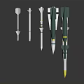 Different Types Of Military Missiles With Tail Fins And Yellow Tips