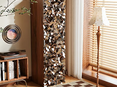 Modern Decorative Cabinet With Geometric Design In Living Room With Wooden Shelf And Green Plant 3d model