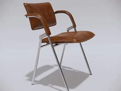 Brown Leather Leisure Chair With Curved Armrests Chrome Metal Legs Modern Design 3d model