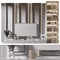 Elegant TV Stand With Flat Screen TV Decorative Vase Striped Wall And Glass Door Bookshelf