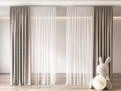 Double Layer Curtains With Dark Beige Thick And White Sheer By Wooden Floor Rabbit Doll 3d model