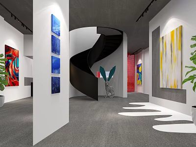 Modern Cultural Center Interior Featuring Spiral Staircase And Colorful Art Exhibits 3d model