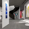 Modern Cultural Center Interior Featuring Spiral Staircase And Colorful Art Exhibits