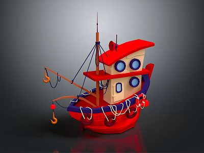 Cartoon Ship With Red Hull Multi Level Structure Blue Windows Decorative Ropes And Hooks 3d model
