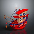 Cartoon Ship With Red Hull Multi Level Structure Blue Windows Decorative Ropes And Hooks 3d model