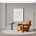 Modern Room With Orange Single Sofa On White Round Rug Wall Line Art Floor Lamp