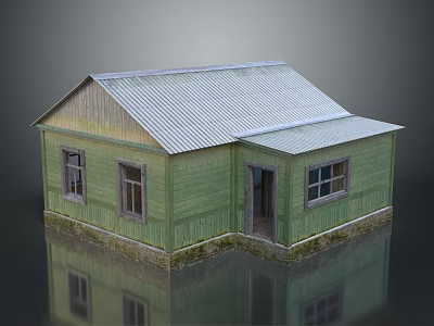 Green Wooden House With Metal Roof Windows Door And Surface Reflection 3d model