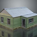 Green Wooden House With Metal Roof Windows Door And Surface Reflection