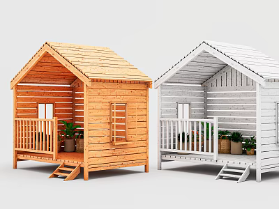 Wooden and White Detached Villa With Balcony Steps and Potted Plants 3d model