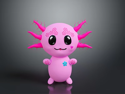 Cute Pink Animal Figure With Big Eyes Smiling Face And Pink Tentacles Blue Flower 3d model