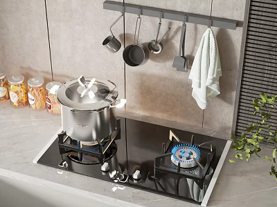 Modern Kitchen Gas Stove With Pot Hanging Cooking Utensils And Counter Cans 3d model