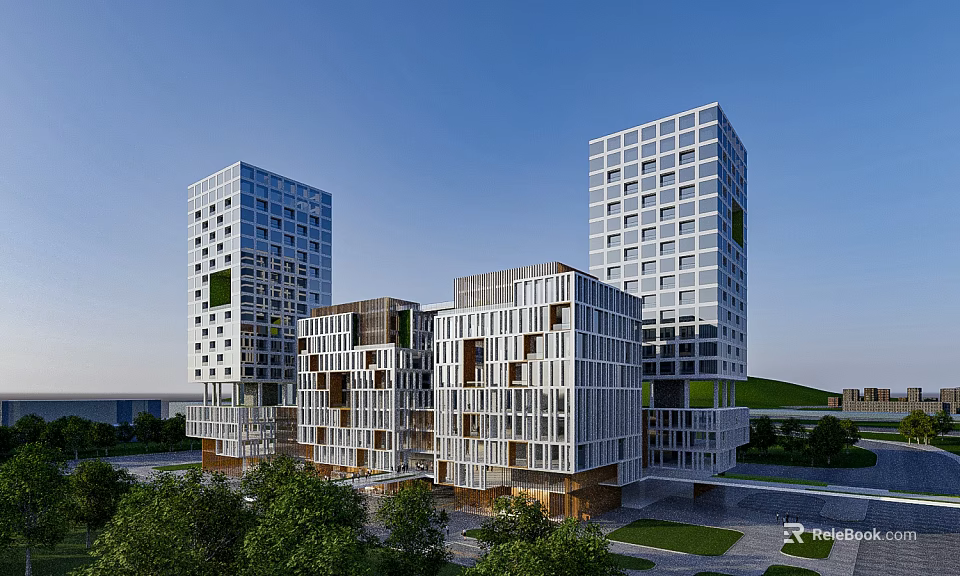 Modern Office Building Complex With Glass Facade And Surrounding Greenery 3d model