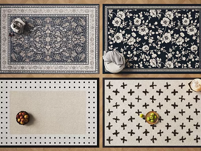 Various Patterned Square Rugs Featuring Traditional Floral Polka Dot and Cross Designs 3d model