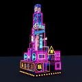 Colorful Neon Lit Structure With Geometric Shapes Chinese Characters And Logos
